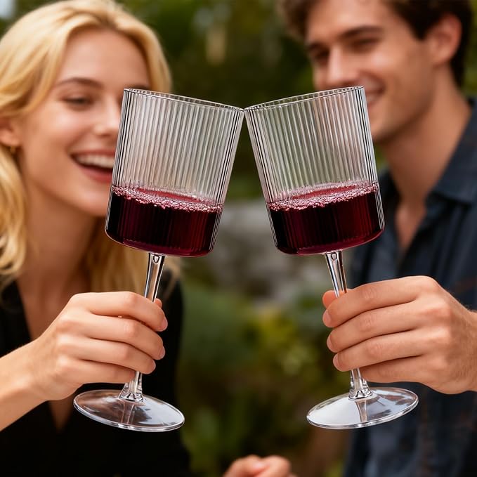 YOUBET 24 Pack Plastic Ribbed Wine Glasses - 10 OZ Clear Square Wine Glasses with Stem - Heavy Duty Vintage Disposable Champagne Cups for Wedding Parties
