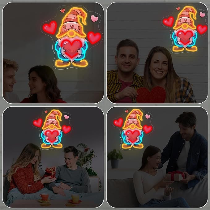 Gnome Heart Valentine Neon Sign - 5-Level Dimmable USB Valentine's Day Decor & Heart Neon Signs, Ideal for Wedding Decor, Romantic Nights, Party Supplies, Cute Wall Lights for Spaces