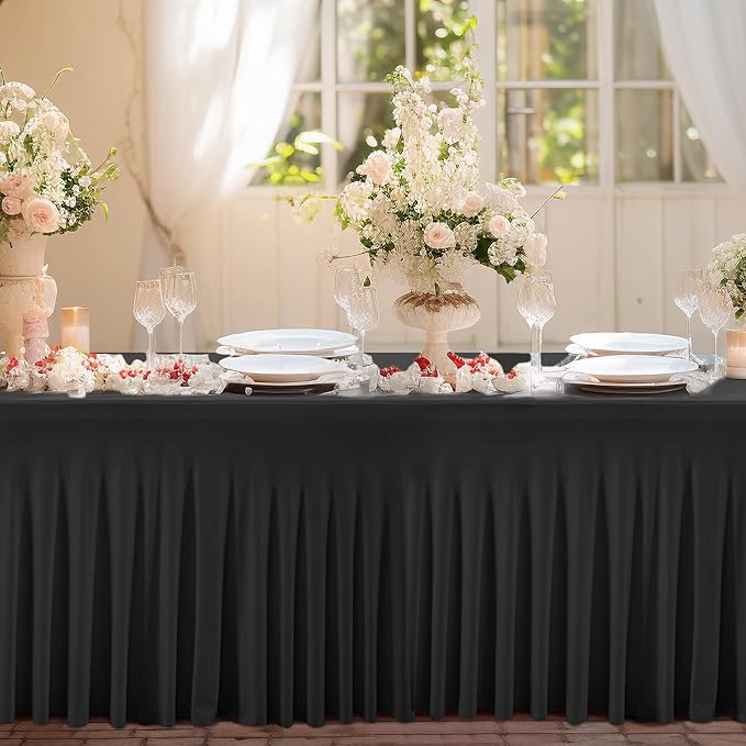 6 Packs Black Table Clothes for 8 Foot Rectangle Tables, One-Piece Wrinkle Resistant Stretch Spandex Table Covers with Skirt for Event Banquet Wedding Birthday Party