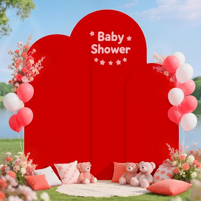 Set of 3 Metal Arch Backdrop Stand and Cover Set 6FT & 5FT & 4FT Gold Balloon Arched Stand Frame with Spandex Arch Cover Red Backdop Covers for Birthday Party Baby Shower Anniversary Decor