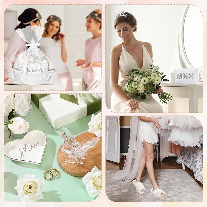 Baderke 17 Pcs Bride to Be Gift Basket for Bridal Shower, Bridal Box with Basket, Makeup Bag, Slippers, Headband, Sash, Mrs Ring Dish, Jewelry Box and More for Wedding Engagement Gift(White)