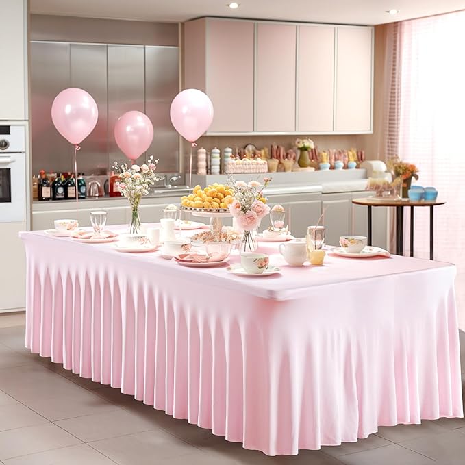 2 Packs Pink Table Clothes for 8 Foot Rectangle Tables, One-Piece Wrinkle Resistant Stretch Spandex Table Covers with Skirt for Event Banquet Wedding Birthday Party