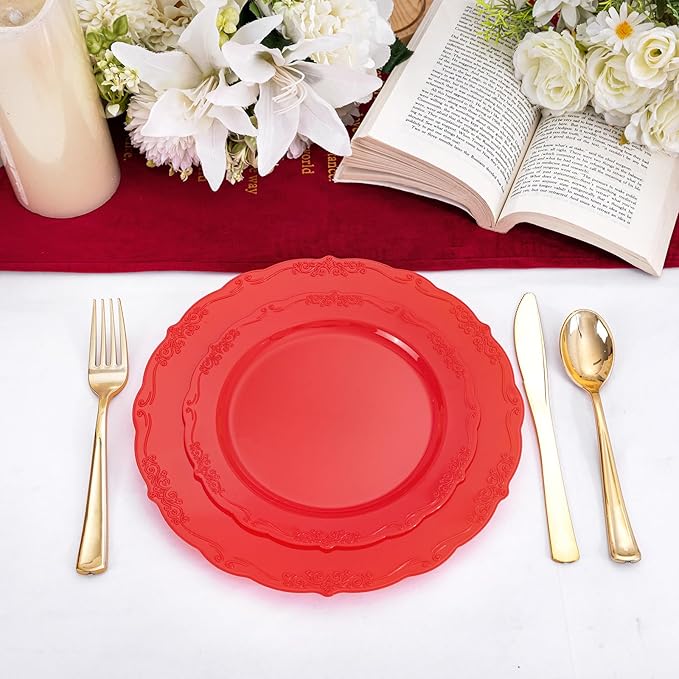 U-QE 100PCS Red Plastic Plates - Heavy Duty Valentines Plates Disposable, Red Plates Disposable Include 50PCS 10.25" Dinner Plates and 50PCS 7.5" Dessert/Salad Plates for Valentine's Day, Party