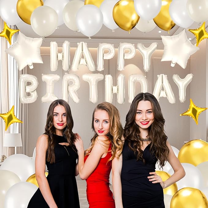White Gold Happy Birthday Balloons Decorations Cream White Gold Birthday Balloon Letters Banner with 6 Pcs Star Balloons White Artificial Rose Petal 24 Flameless LED Candles for Room Hotel Party Decor