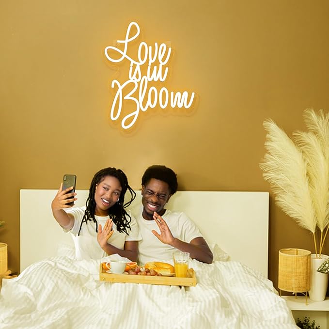 Love is in Bloom Neon Sign for Wall Decor Dimmable Led Lights Signs Letters Signs for Bridal Shower Warm White Neon Light Room Decor for Wedding Engagement Christmas Party Gift 12.8*15.16 in