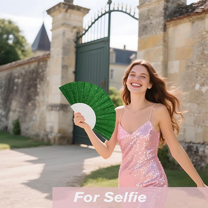 48 Pack Handheld Fan,Folding Hand Glitter fan with Shining Transparent Fan Rib – Ideal for Wedding, Church, Festival, Dance, Tea Party, Club, and EDM Accessories, Light green