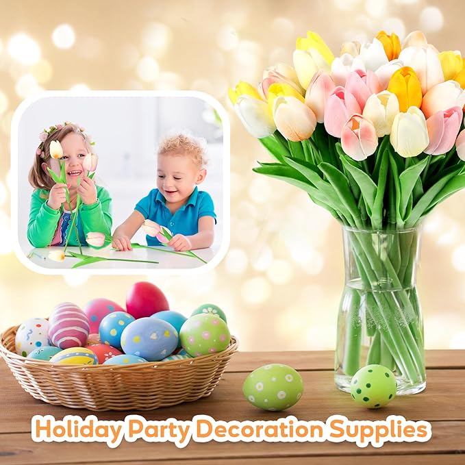 Jexine 100 Pcs Artificial Real Touch Tulips Fake Artificial Tulip Flower Bulk Bouquet with Stem for Table Centerpieces Wedding Bridal Easter Mother's Day Garden Home Decor, 13.4''(Colorful)