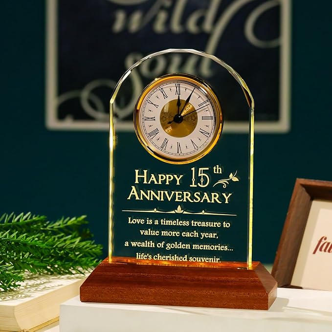 YWHL 15th Wedding Anniversary Clock Gifts for Couples, Happy 15 Years Anniversary Glass Gift for Her Him, Table Clock Presents with Wooden Light Base for Home Party (Battery not Included)