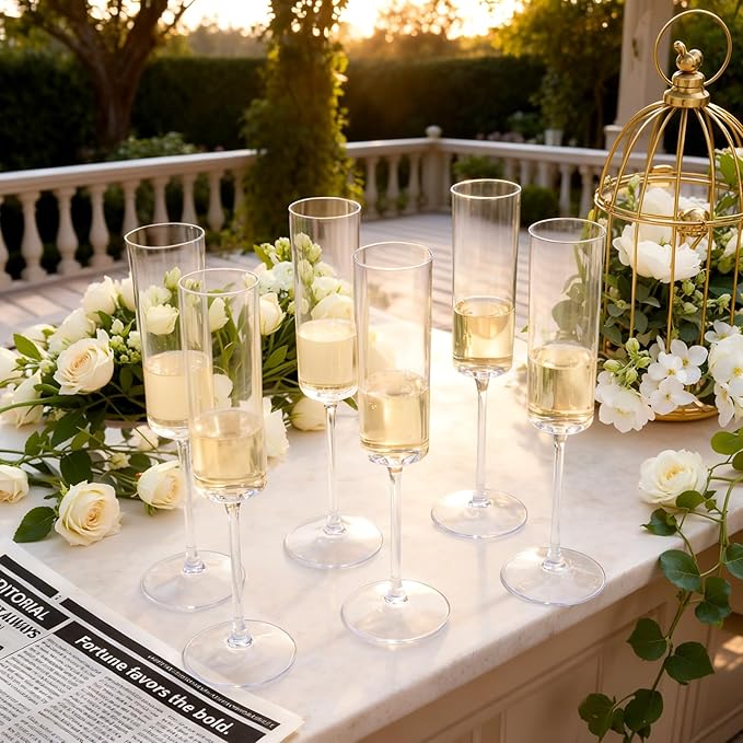 Ciaell 24 Pack Plastic Champagne Flutes - Clear 6 Oz Disposable Champagne Glasses - Square Plastic Toasting Glasses for Party Birthday Anniversary Wedding