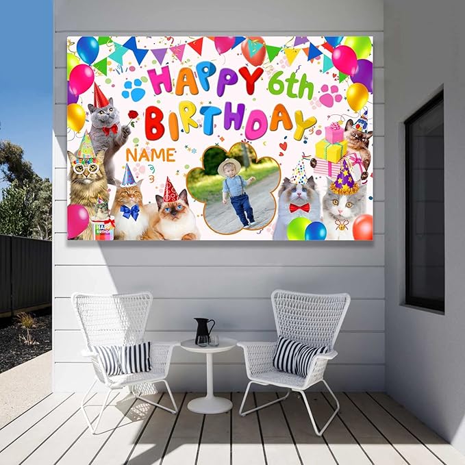 Custom Cat Happy Birthday Party Decorations Supplies Personalized Cat Happy Birthday Backdrop Banner(5x7.5ft)