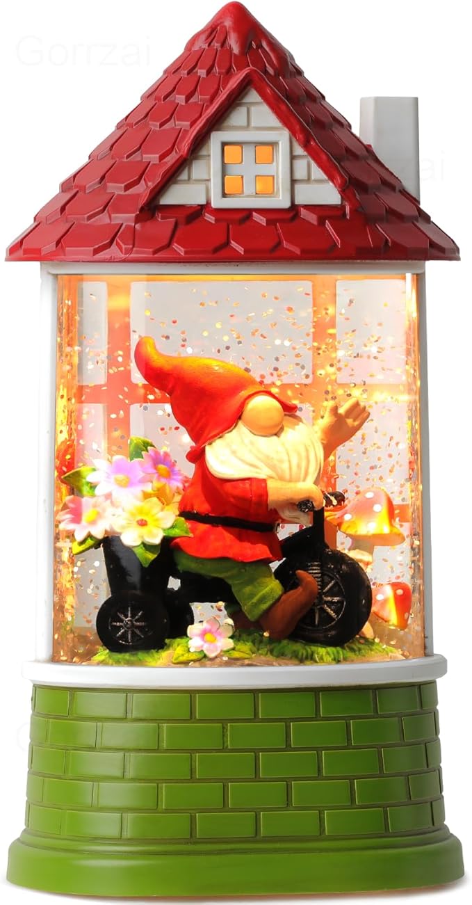 Spring Snow Globe Lantern Easter Decorations for Home with Timer Swirling Glitter, Lighted Indoor Decor Gifts with Gnome, USB or Battery Operated