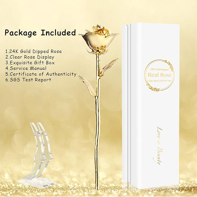24K Golden Rose, Gold Dipped Rose Made from Real Rose Best Gifts for her and Great Gifts for My Wife, Golden with Stand
