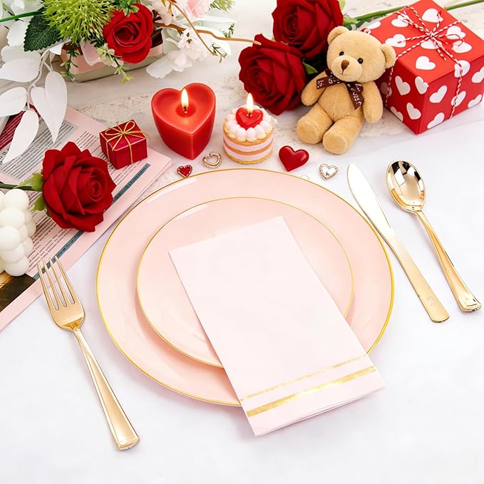 NOCCUR 350PCS Pink Plates Disposable - Pink Gold Plastic Dinnerware Set for 50 Guests Include 100 Dinner/Dessert Plates,150 Cutlery,50 Cups&50 Napkins - Ideal for Party/Wedding/Valentines Day