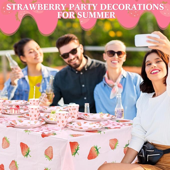 452 Pcs Strawberry Birthday Party Decorations, Strawberry Paper Plates Napkins Cups Tablecloth Cutlery Straws for Summer Fruit Theme Baby Shower Birthday Party Supplies