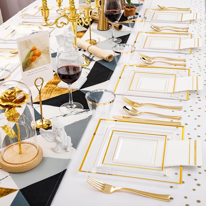 Festiva 350Pcs Clear Plastic Plates with Gold rim - Clear Gold Disposable Dinnerware for 50 Guests includeSquare Plastic Plates/Cups/Cutlery/Napkins Perfect for Birthday Party&Wedding