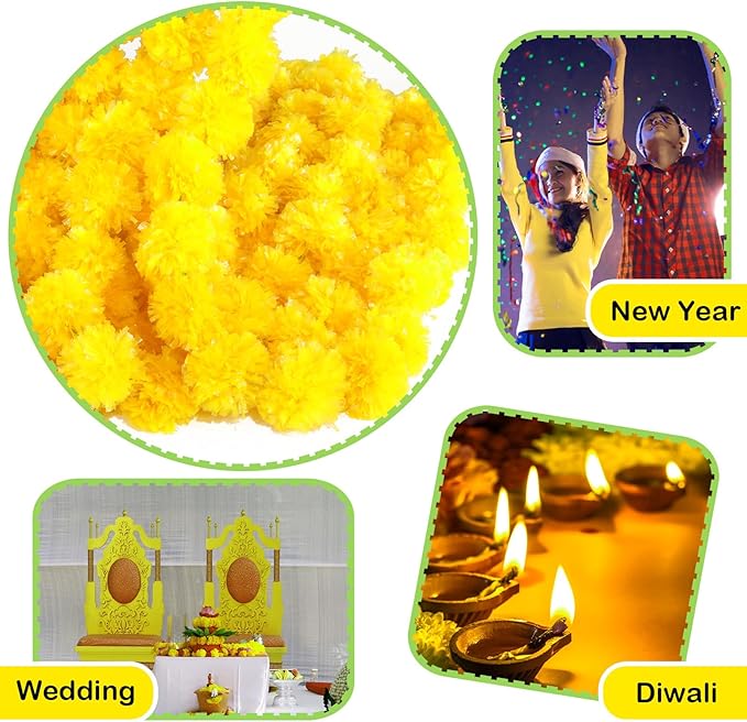 Giegxin 15 Pack Marigold Garland for Decoration 5 ft Long Strands Faux Artificial Marigold Flowers for Dia De Los Muertos Diwali Indian Wedding Party Decorations(Yellow)