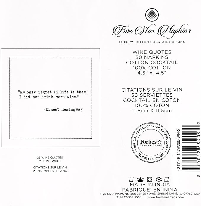 Five Star Funny Wine Quotes | White Cotton Cocktail Napkins | 50 Luxury Disposable Beverage Napkins with Witty Bar Quotes | Drink Napkins for Parties, Bars, Weddings & Game Nights