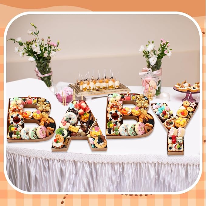 Mifoci 4 Pcs Large Baby Shower Food Trays 13.7" Charcuterie Cardboard Letter Shaped Serving Platter Fillable Boxes for Gender Reveal Baby Shower Party Paper Chocolate Candy Decoration(Brown)