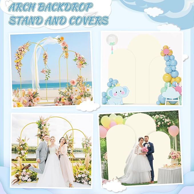 FOTSHARER Wedding Arch Backdrop Stand and Cover Set of 3 Metal Balloon Arch Stand with Ivory Arch Cover 6FT, 5FT, 4FT Arch Backdrop Stand for Party Birthday Anniversary Arched Background Decorations