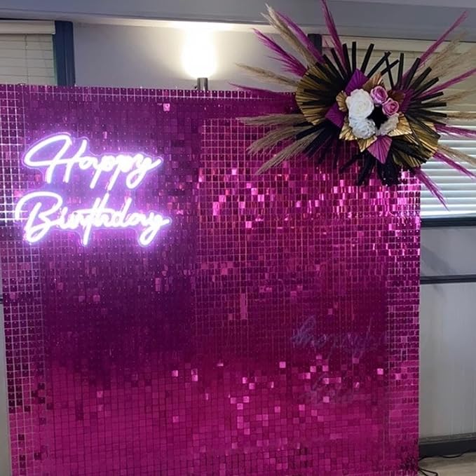 COKAOBE Hot Pink Shimmer Wall Backdrop, 24PCS Square Sequin Shimmer Backdrop Panel, Photo Backdrops for Birthday, Anniversary, Wedding, Graduation & Bachelorette Party Decoration