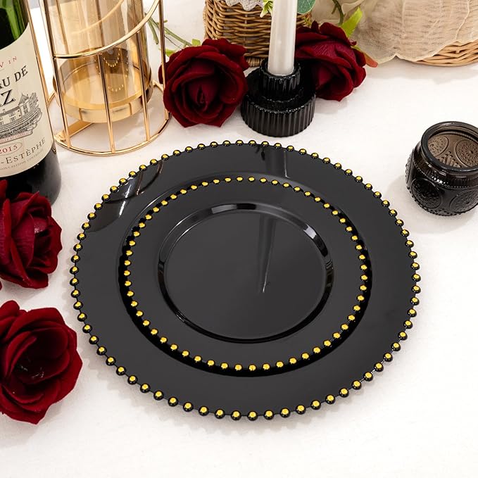 supernal 100pcs Black and Gold Plastic Plates,Black Disposable Plates,Halloween Party Supplies Including 50 Dinner Plate and 50 Disposable Dessert Plate,Heavy Duty Plastic Platos for Halloween,Party