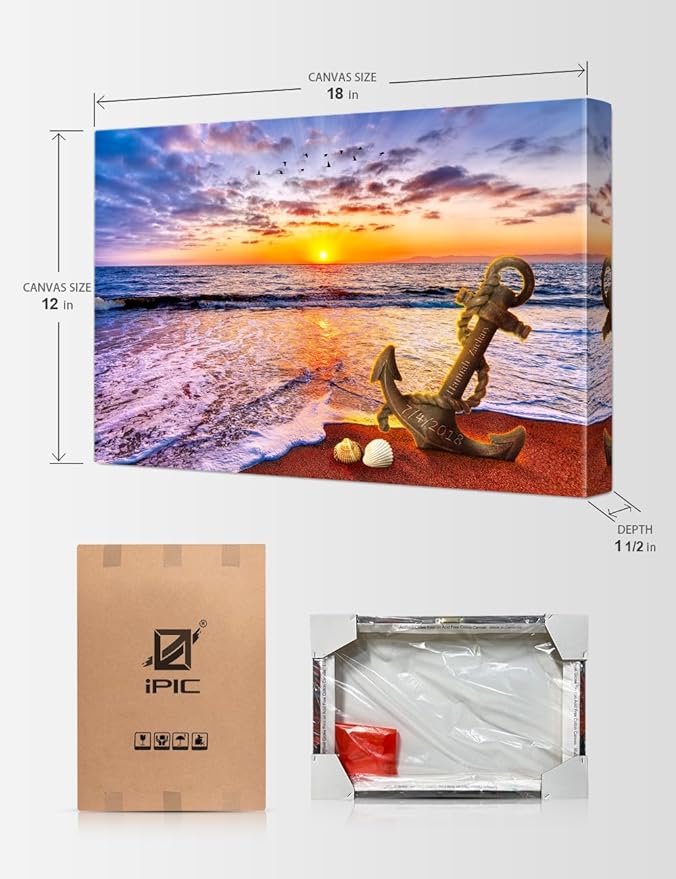 IPIC - "Anchored in Time Personalized Canvas Wall Art, Custom Beach Sunset Canvas Print with Name and Date, A Personalized Gift for Couple, Wedding, or Anniversary, Coastal Home Decor