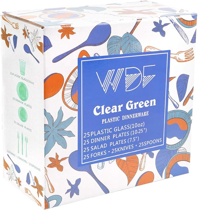WDF 25 Guest Green Plastic Plates with Disposable Silverware&Green Cups-Neon Clear Plastic Dinnerware include 25 Dinner & Salad Plates,25 Forks, 25 Knives, 25 Spoons,25 Cups for Party