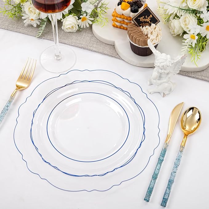 Liacere 150PCS Clear and Blue Plastic Plates-Clear and Blue Disposable Plates with Glitter Bamboo Handle Cutlery-60 Baroque Elegant Plates, 30 Forks, 30 Spoons, 30 Knives for Wedding&Christmas