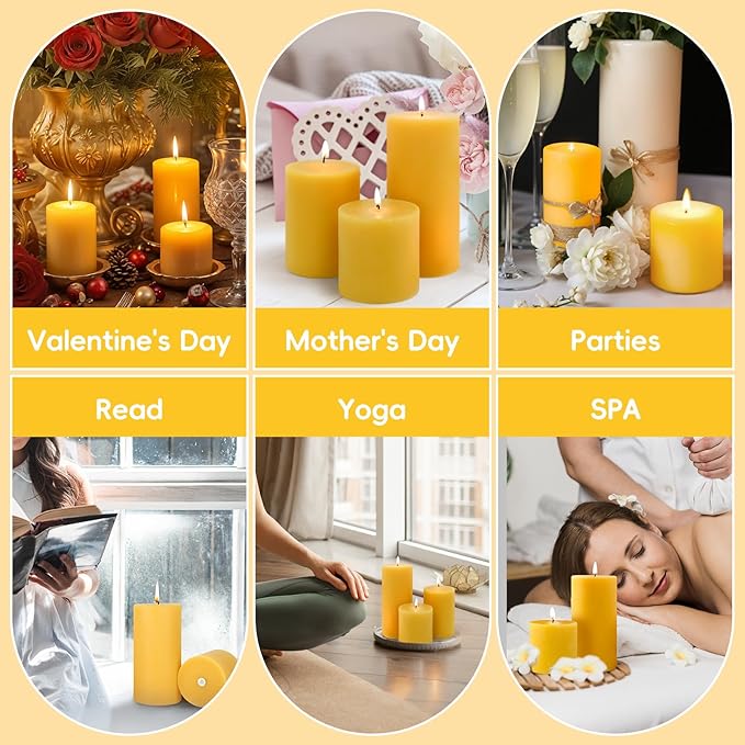 Natural Beeswax Pillar Candles Set of 3,Pure Beeswax Candles 213 Hours Long Burning,Unscented 100% Bees Wax Candle for Home,Emergency,Dripless Smokeless Organic Pillar Candle Bulk-3x3in,3x4in,3x6in