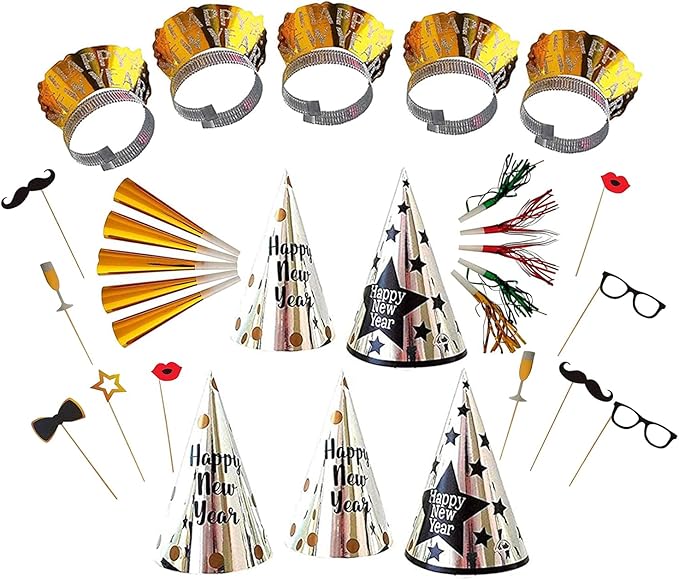 PMU New Year's Eve Party Supplies 2026 Black, Gold, and Silver Party Assortment Kit for 50 Persons - Outfits for Adults, Men and Women (50 psn/pkg) Pkg/1