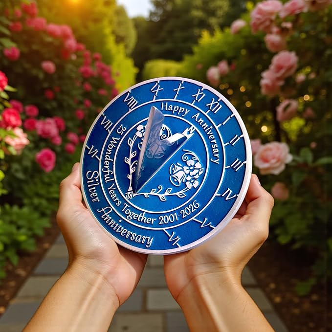 Anniversary Sundial Gift for 25th Silver Wedding Anniversary in 2026 - Recycled Metal Home Decor Or Garden Present Idea - Handmade in UK for Him, Her Parents Or Couples 25 Year Celebration