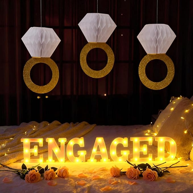 10 Pcs Engagement Party Decorations Glitter Gold Honeycomb Engagement Ring Hanging Decorations Engaged LED Letter Lights Table Decoration for Bachelorette Wedding Anniversary Party Decor