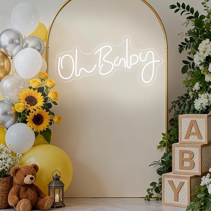 HMT Oh Baby Neon Sign for Backdrop Wall Decor Large Size 19.6×8.6 Inch LED Neon Lights for Baby Shower Decorations Boy and Girl Room Decor LED Light Up Sign for Party Decorations Photo Prop USB (White)