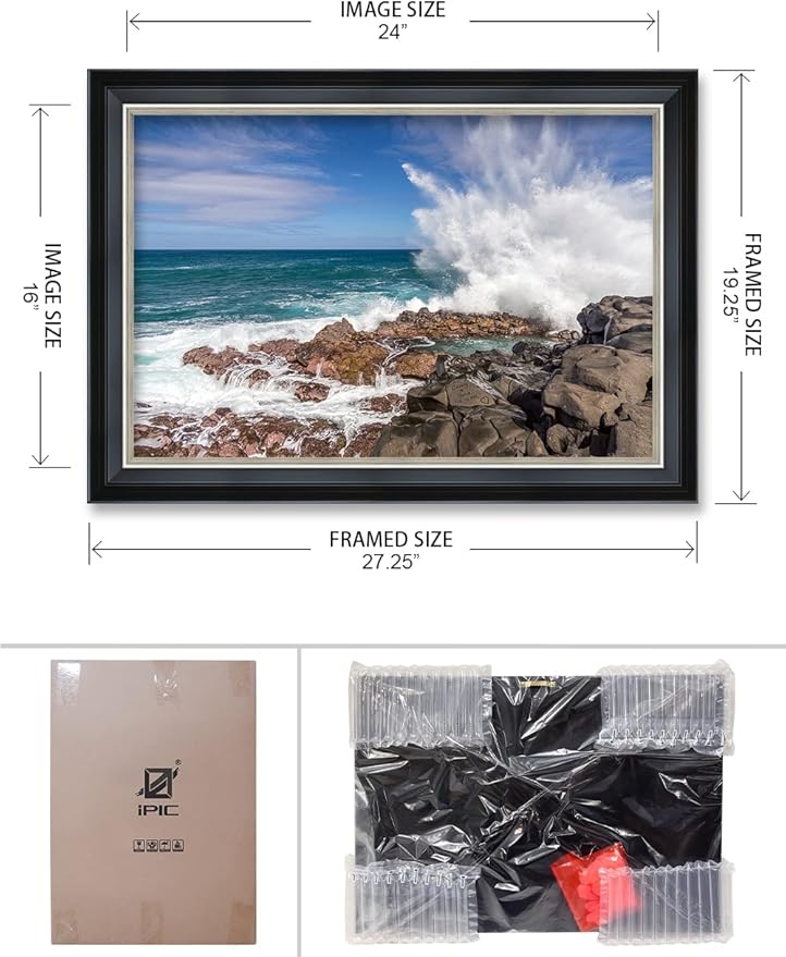 IPIC - Waves Crashing at Queen's Bath Personalized Framed Wall Art with Names and Date on, Giclee Prints Framed with Solid Wood, Custom Memorial Gifts for Anniversary.Total Size: 27.25"x19.25"