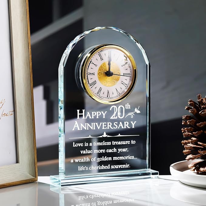 YWHL 20th Anniversary Quartz Clock Gifts for Him and Her, 20 Years Wedding Anniversary Keepsake Gifts for Couple, Happy 20th Wedding Home Party Decoration (Battery not Included)