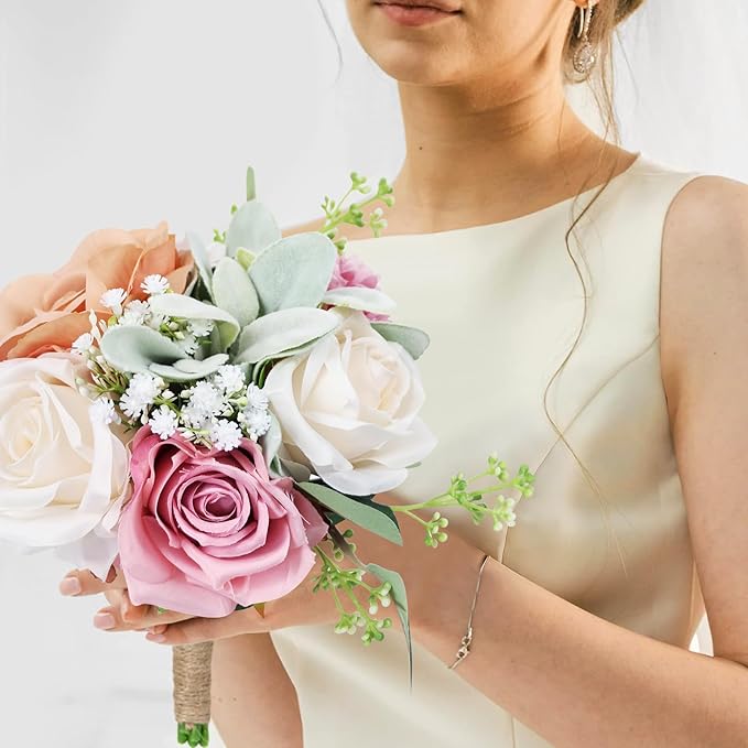 Bridesmaid Bouquets Set of 6 - Blush & Pink Artificial Flowers Bouquet for Bridesmaids Wedding Small Floral Centerpieces for Marriage Proposal Party Anniversary Dining Table Decor -7 Inch