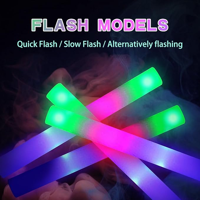 100 Pcs18.5inch Foam Glow Sticks Bulk - 3 Modes Colorful Flashing Led Foam Sticks Glow in The Dark Party Supplies for Christmas Birthday Wedding Party Camping Events Carnival Concert Rave