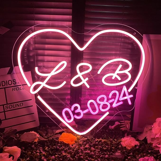 Custom Initials Name With Date Neon Sign Wedding Heart LED Neon Light Customizable Wedding Engagement Party Backdrop Wall Decor Personalized Gifts