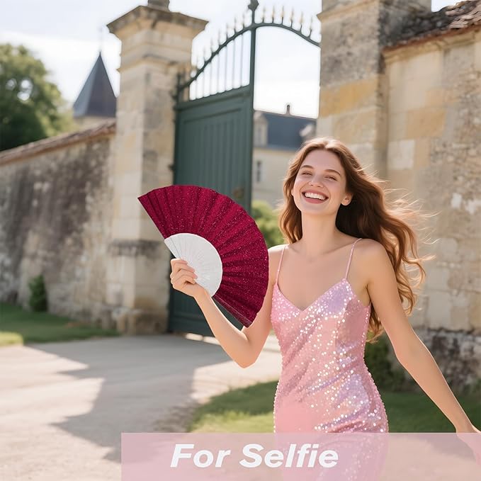 24 Pack Handheld Fan,Folding Hand Glitter fan with Shining Transparent Fan Rib – Ideal for Wedding, Church, Festival, Dance, Tea Party, Club, and EDM Accessories, Deep pink