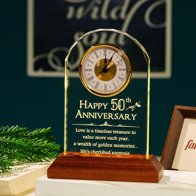 YWHL 50th Wedding Anniversary Clock Gifts for Parents Grandparents, 50 Years Anniversary Couple Gifts, Glass Table Clock Presents with Wooden Light Base for Home Decoration (Battery not Included)