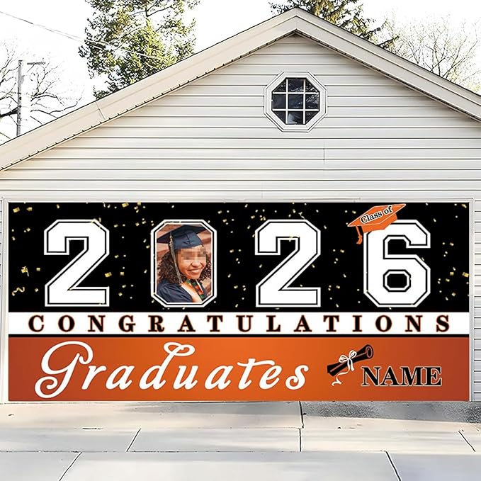 Custom Photo Graduation Garage Door Banner Personalized 2026 Grad Banner 7x16ft Porch Door Sign Decoration Outdoor Photo Booth Backdrop Party Supplies(Orange)