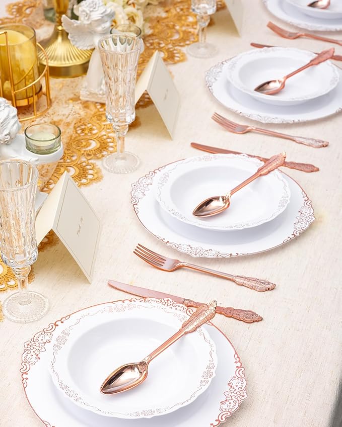 100 Pack White Plastic Bowls with Rose Gold Rim, 12oz Plastic Dessert Bowl, Bowls Disposable Heavy Duty for Hot Soup, Dessert, Salad, Cake, Ice Cream, Fruit for Valentine's Day