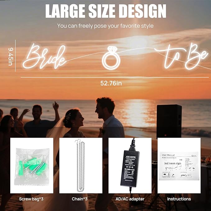 Edussy 37.39 * 9.45Inch Large Bride to Be Neon Sign for Backdrop Wall Decor with Dimmer Switch, Warm White 12V Reusable Neon Light Sign for Bridal Shower Bachelorette Engagement Party