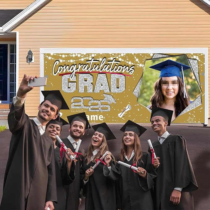 Custom Garaduation Garage Door Banner Cover 16 x 7 ft Class of 2026 Congrats Grad Party Backdrop Personalized Graduation Decoration(Gold and Silver)