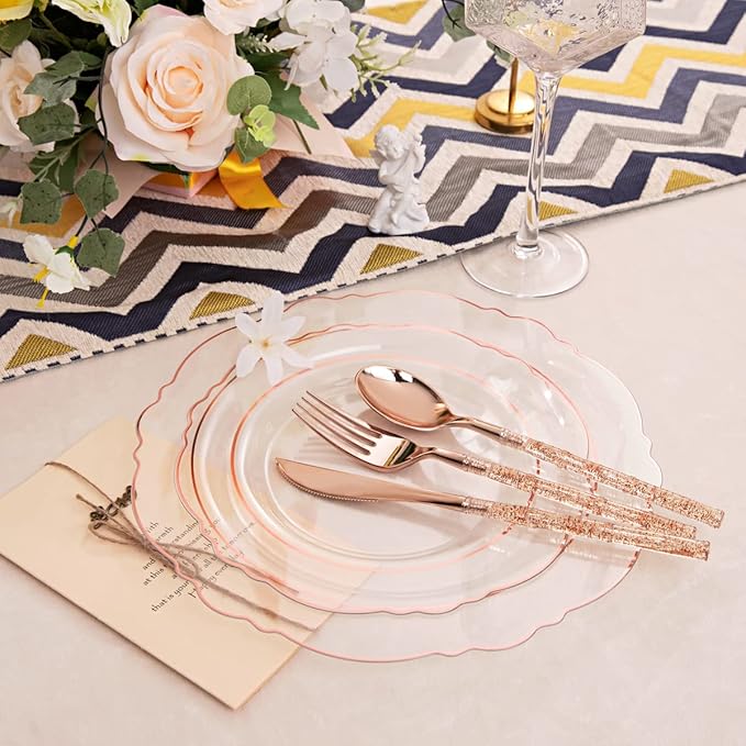 Liacere 150PCS Rose Gold Plastic Plates - Clear Rose Gold Disposable Plates with Glitter Bamboo Handle Cutlery - 60 Baroque Elegant Plates, 30 Forks, 30 Spoons, 30 Knives for Wedding&Valentine's Day