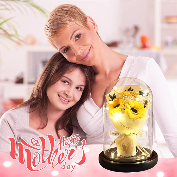 Valentines Day Gifts for Her,Flower Rose in Glass Dome with 2 Lighting Mode,Sunflower Gifts for Mom,Artificial Forever Flowers Xmas Birthday Gifts for Women Mom Wife Girlfriend Sister Friend