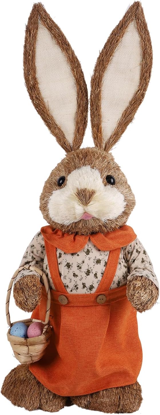 Juegoal Easter Straw Bunny Decorations, 32"(2.6FT) Extra Large Standing Mrs. Bunny Figurine, Handmade Easter Rabbit Statues, Cute Photo Props Gifts for Office Kitchen Farmhouse Spring Home