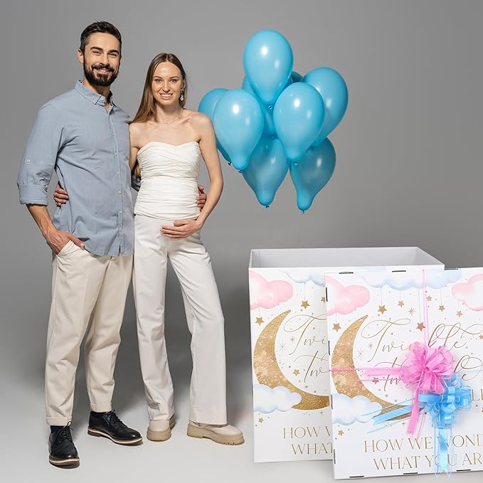 AmazingSpark 28in Jumbo Gender Reveal Gift Box Kit with Oversized Box Giant Pull Bows for Gender Reveal Baby Shower Birthday Party Decor (Twinkle Little Star)