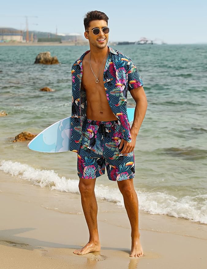 EISHOPEER Men's Flower Hawaiian Sets Casual Short Sleeve Shirt and Shorts Suits Outfits with Bucket Hats