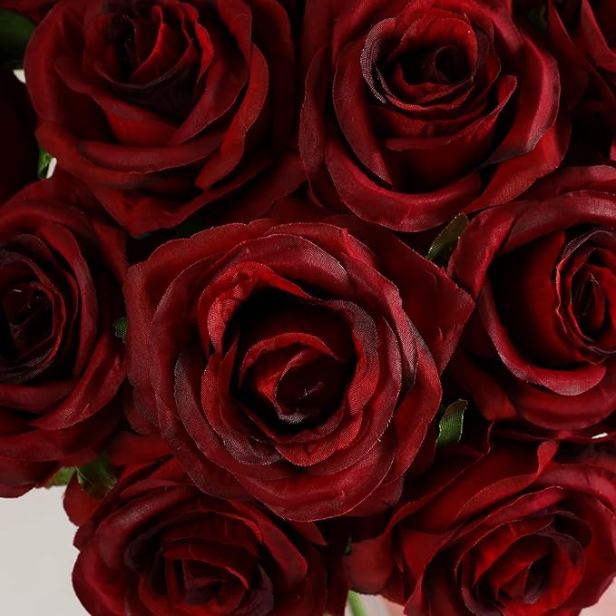 Kisflower 80 Pcs Burgundy Roses Artificial Flowers Bulk, Maroon Flowers Artificial Silk Roses with Stems for Decoration DIY Wedding Bouquet Bridal Shower Party Home Table Centerpieces Decor (Burgundy)